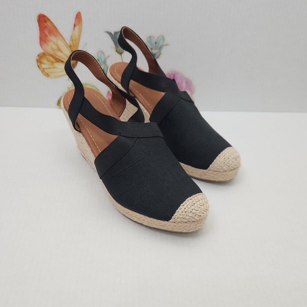 Solanz Size 9.5 M Leah Espadrilles Wedges Black Natural
